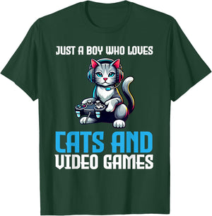 Just A Boy Who Loves Cats And Video Games Gamer T-Shirt - T-Shirt | Forest