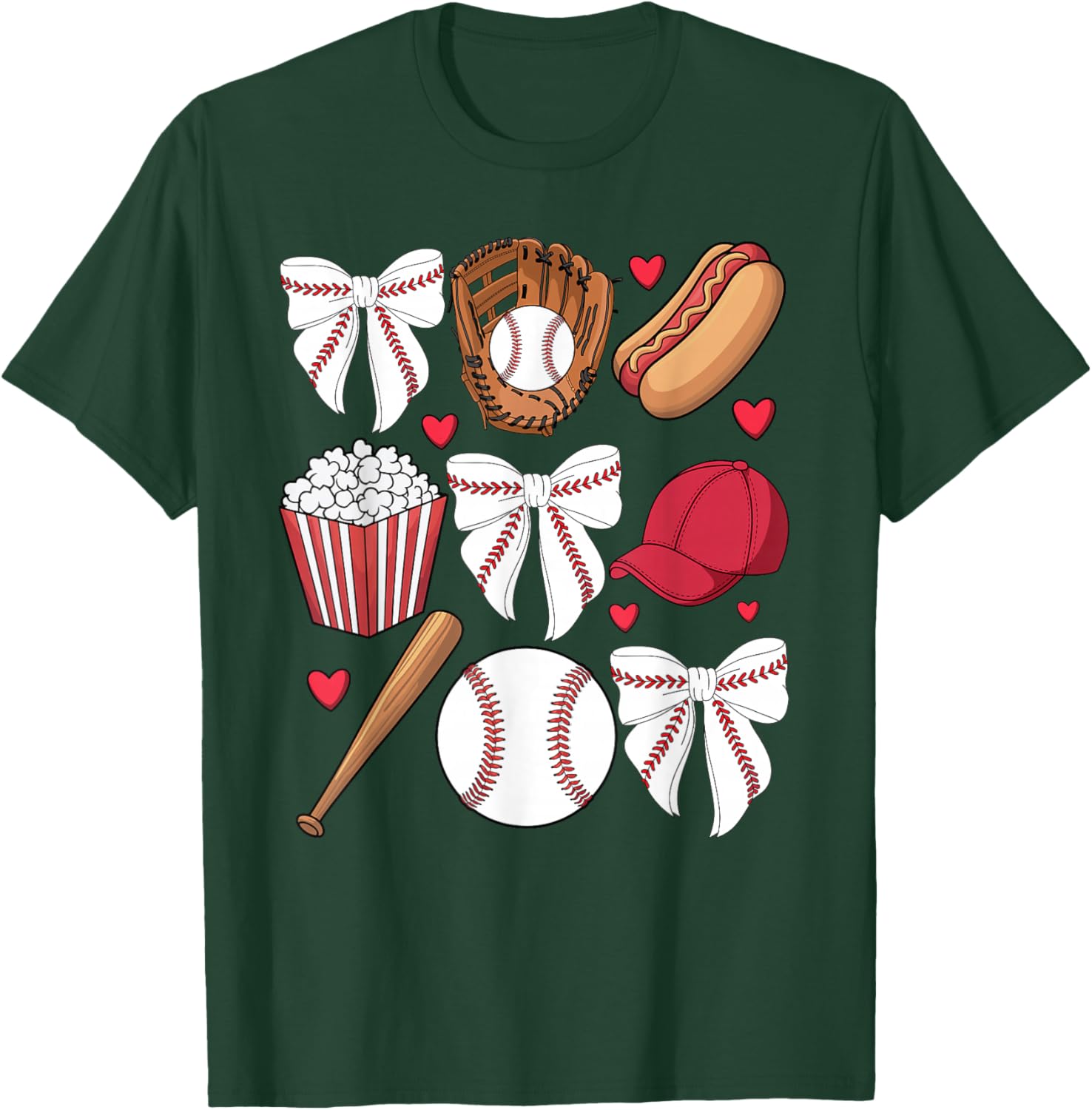Baseball Coquette Bow Girls Baseball Mom Game Day T-Shirt - T-Shirt | Forest