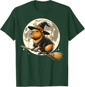 Funny Capybara Rides a Witch's Broom Halloween Spooky Vides T-Shirt - T-Shirt | Forest