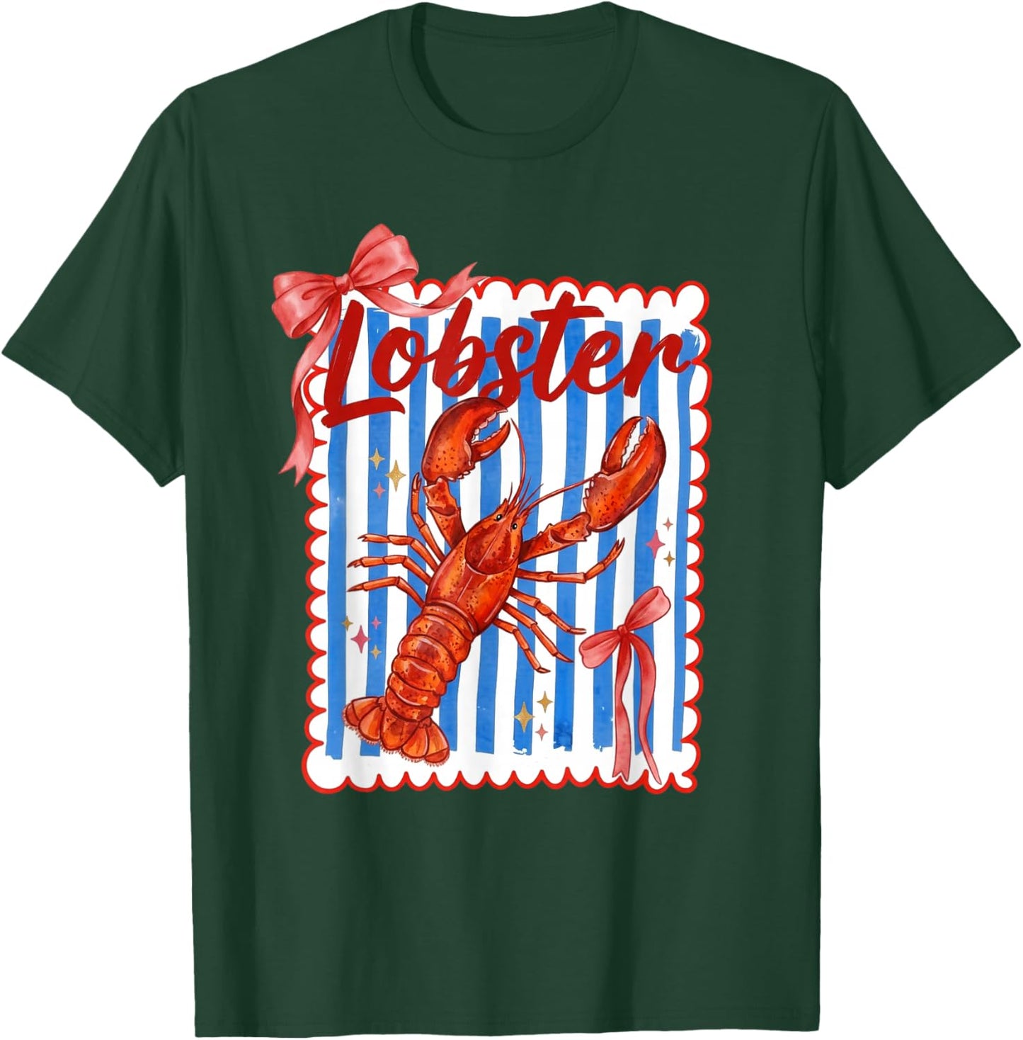 Lobster Red Bow Preppy Coquette Blue White Stripes Coastal T-Shirt - T-Shirt | Forest