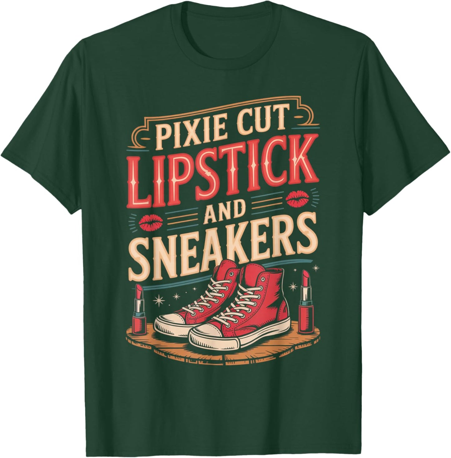 Pixie Cut Lipstick and Sneakers Short Hair Style T-Shirt - T-Shirt | Forest