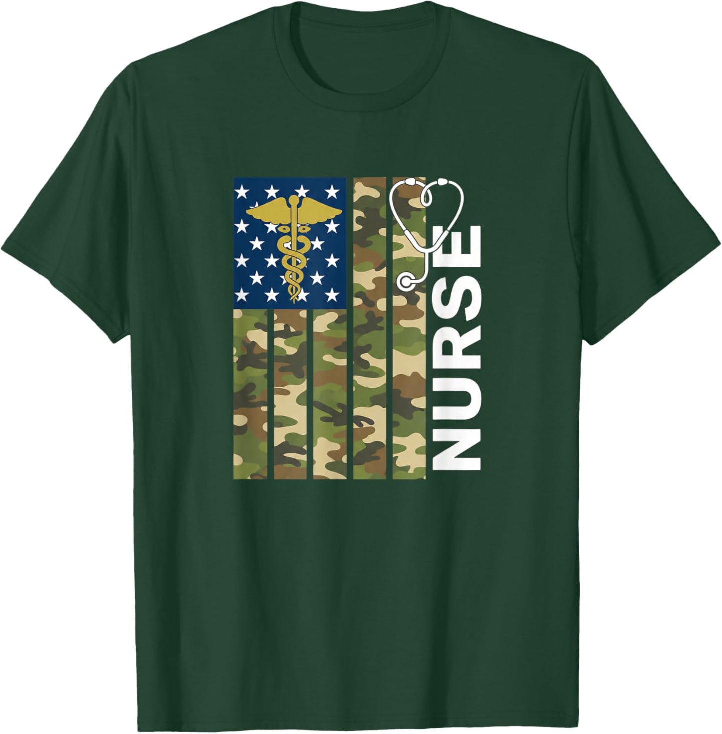 Nurse Camo American Flag Stethoscope Military Veteran Nurse T-Shirt - T-Shirt | Forest