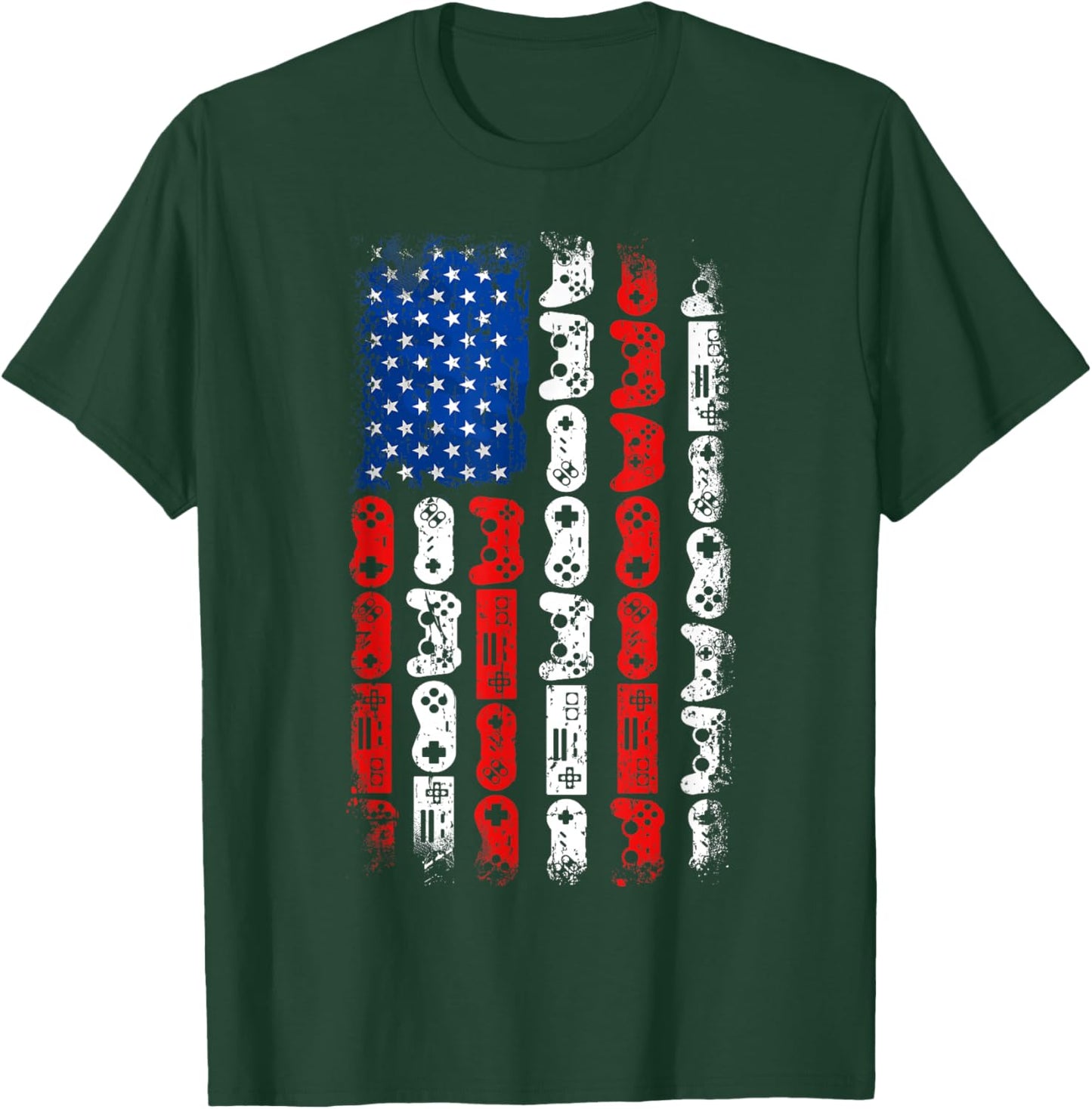 Retro Gaming Controller USA American Flag Gamers 4th Of July T-Shirt - T-Shirt | Forest