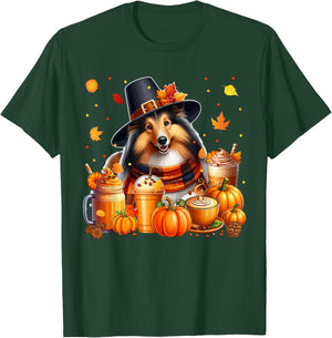 Sheltie Thanksgiving Drinks Coffee Fall Leaves Pumpkins T-Shirt - T-Shirt | Forest