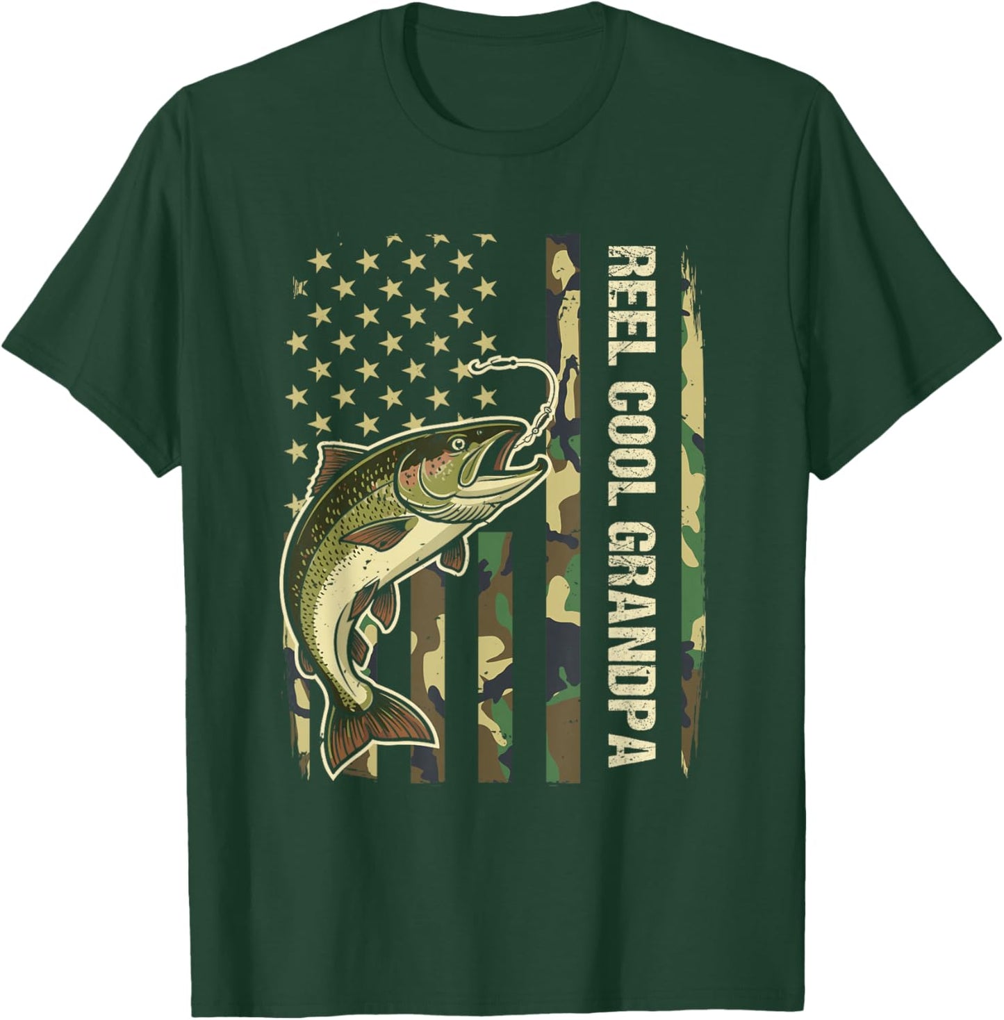 Reel Cool Grandpa Trout Fishing Camo American Flag Fisherman T-Shirt - T-Shirt | Forest