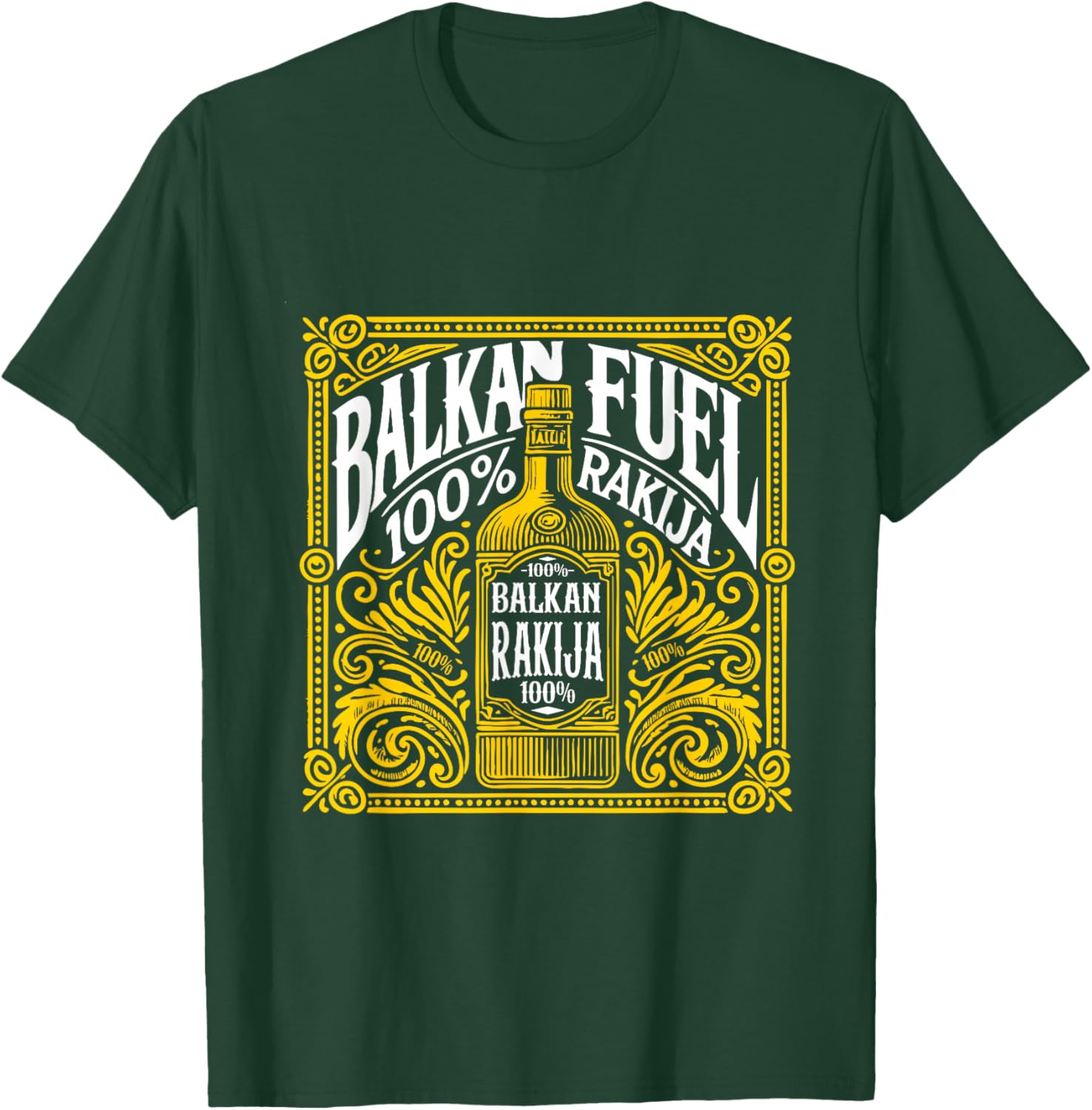 Balkan Fuel 100% Rakija Vintage Bottle Design T-Shirt - T-Shirt | Forest
