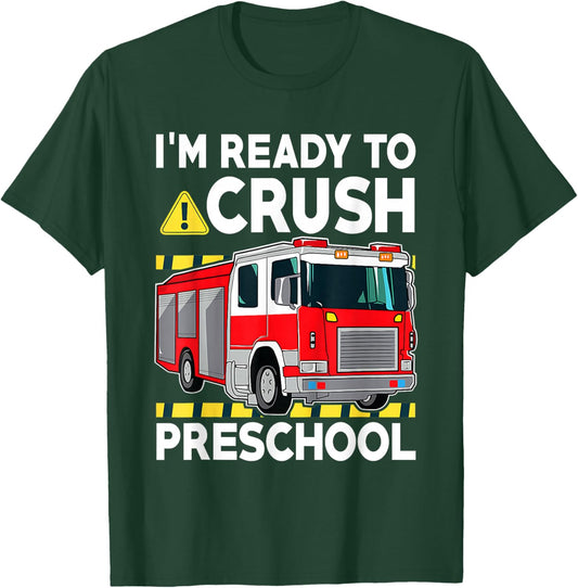 Kids Preschool Boy Fire Truck Back to School Firefighter Boy T-Shirt - T-Shirt | Forest