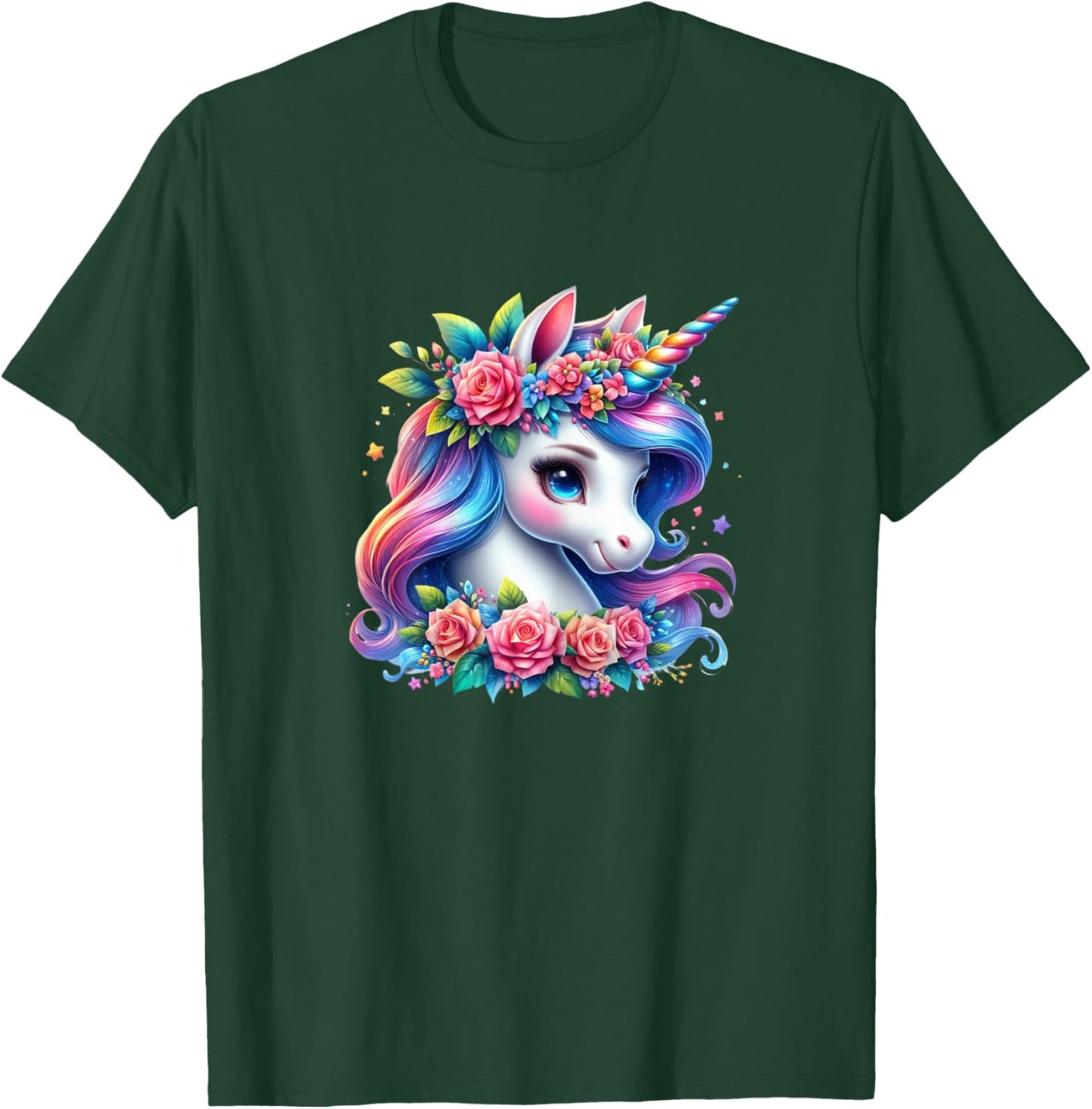 Cute Unicorn with Rainbow Mane Flowers Unicorn T-Shirt - T-Shirt | Forest