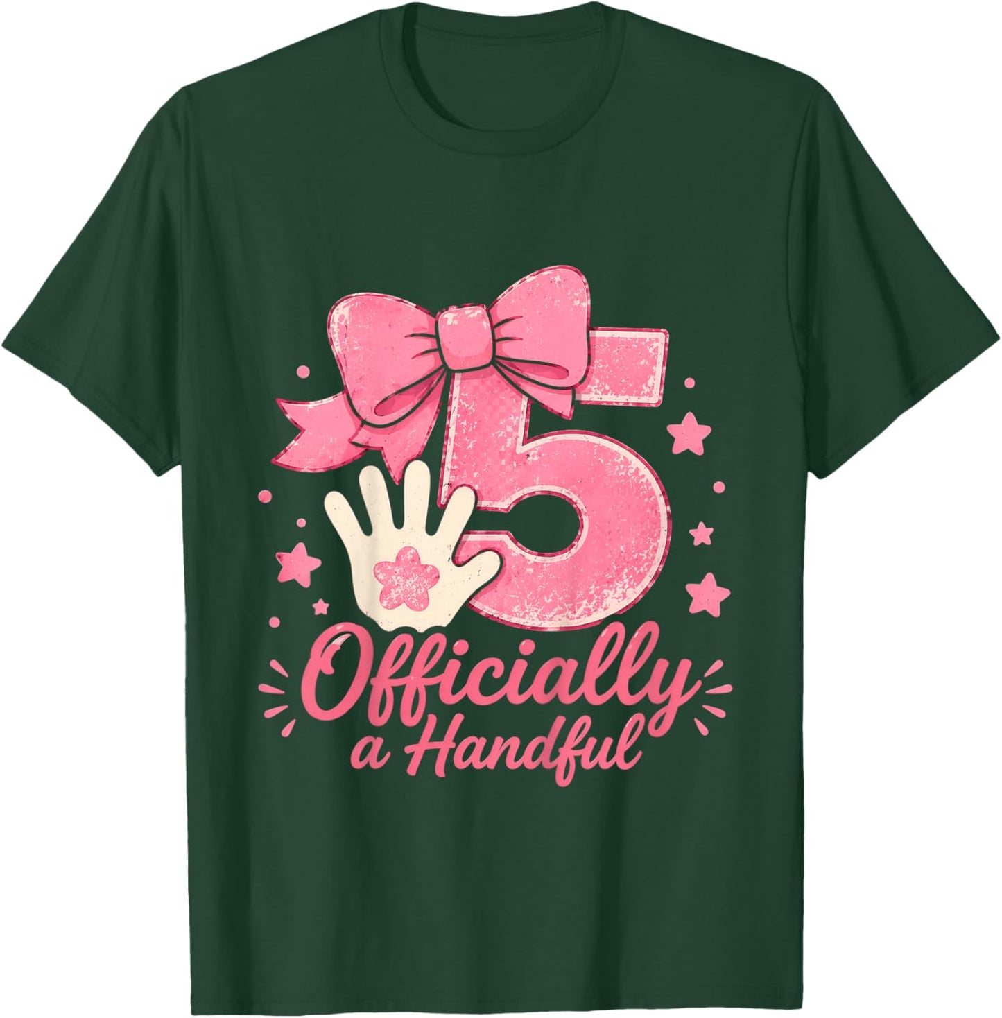 Officially A Handful 5th Birthday Girl Pink Bow Five Year T-Shirt - T-Shirt | Forest
