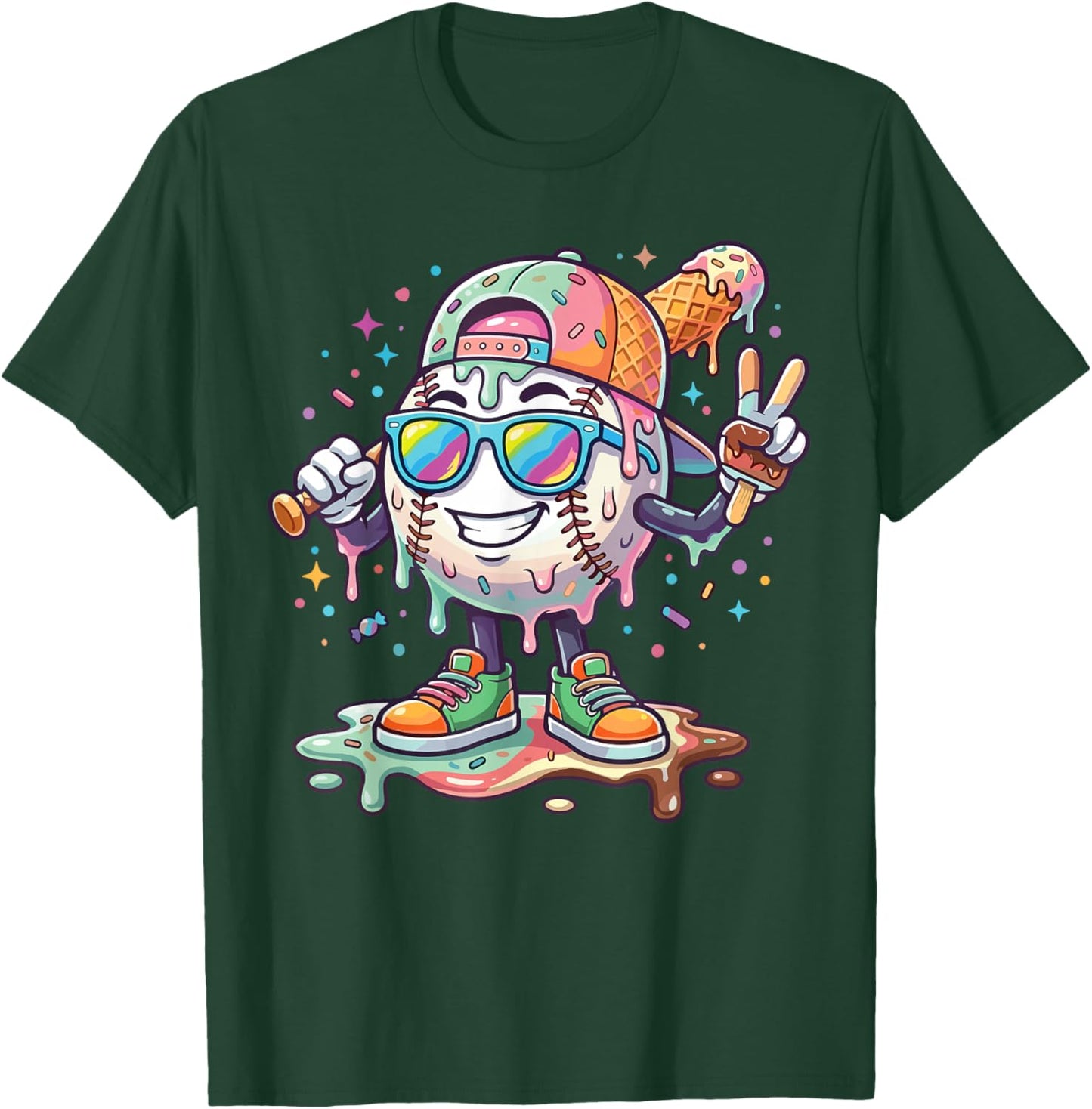 Baseball Ice Cream Drip Youth Boys Kids Baseball Drip T-Shirt - T-Shirt | Forest