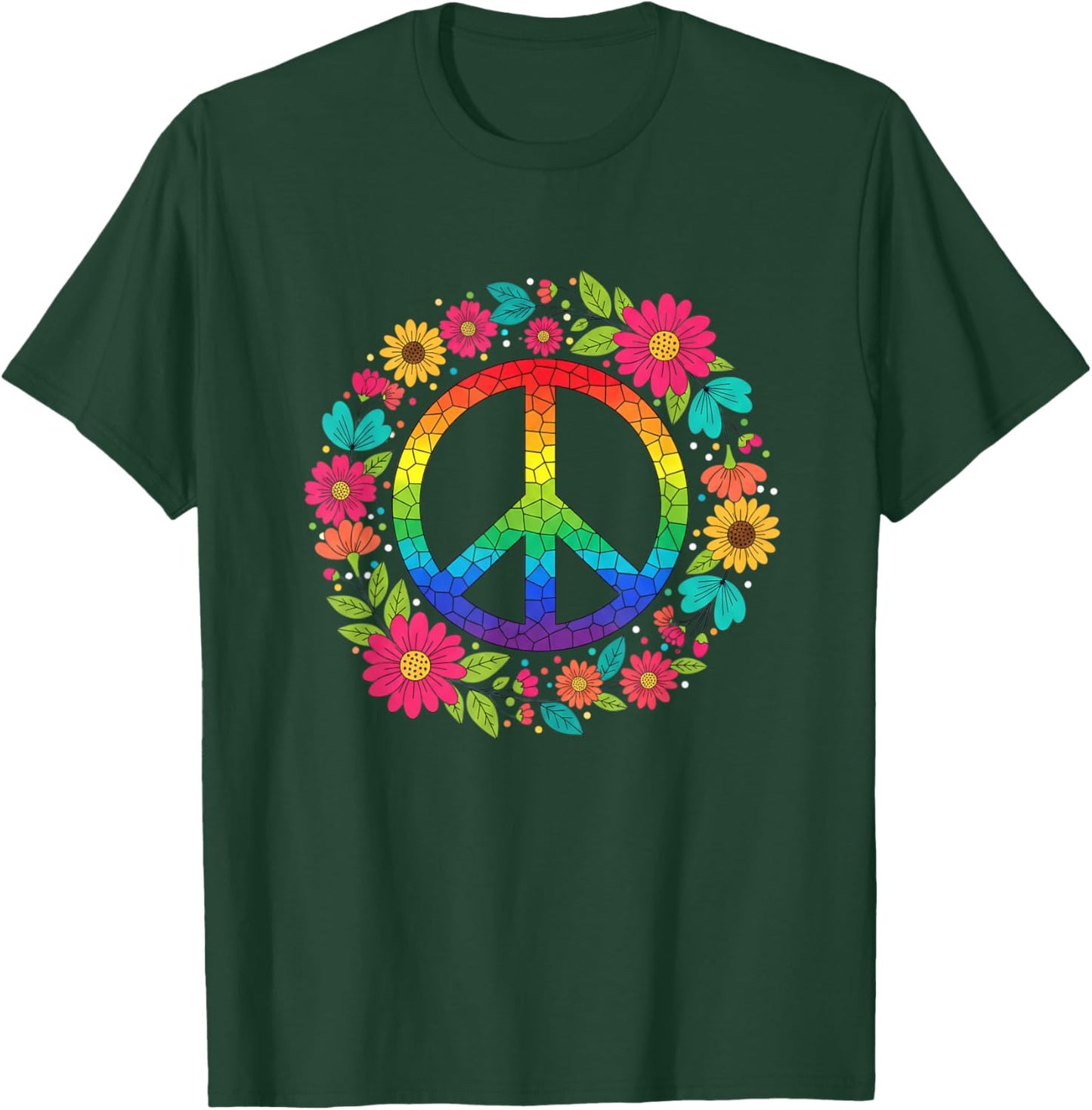 Peace Sign Floral Hippie Retro Rainbow Mosaic Boho Vibes T-Shirt - T-Shirt | Forest