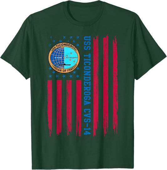 USS Ticonderoga CVS-14 American Flag Aircraft Carrier Papa Women Men T-Shirt - T-Shirt | Forest
