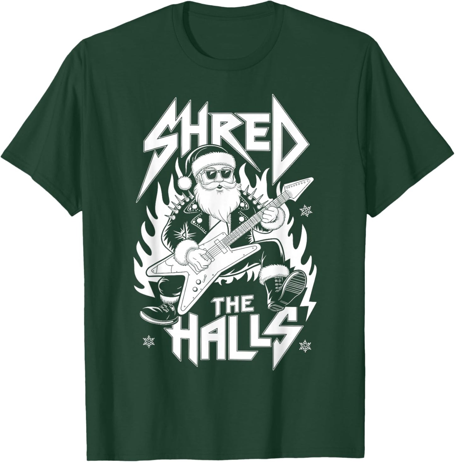 Shred the Halls Christmas Rocker Santa Metalhead Guitarist T-Shirt - T-Shirt | Forest