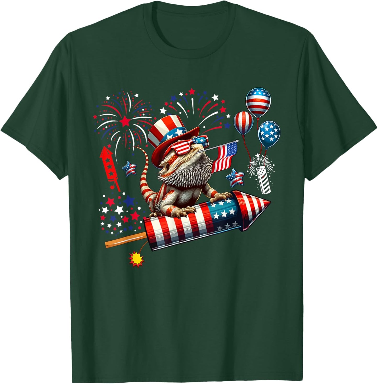 Bearded Dragon Riding Firecracker US Flag 4th Of July T-Shirt - T-Shirt | Forest