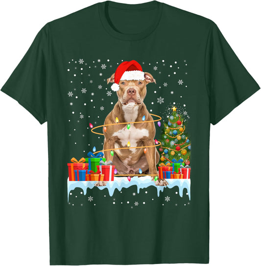 Funny Santa Pitbull Dog Christmas Lights Xmas Pajamas Men Women Kids T-Shirt - T-Shirt | Forest