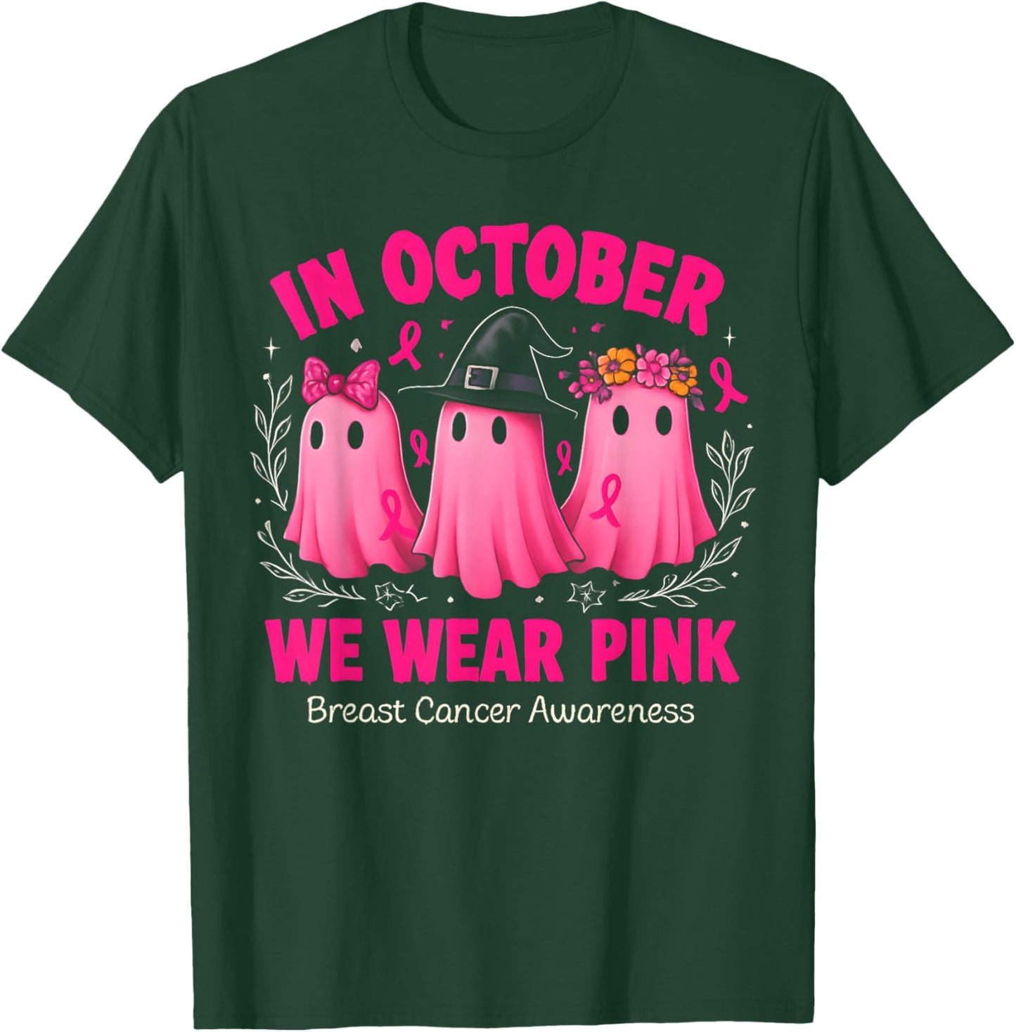 in October We Wear Pink Ghost Halloween Women Breast Cancer T-Shirt - T-Shirt | Forest