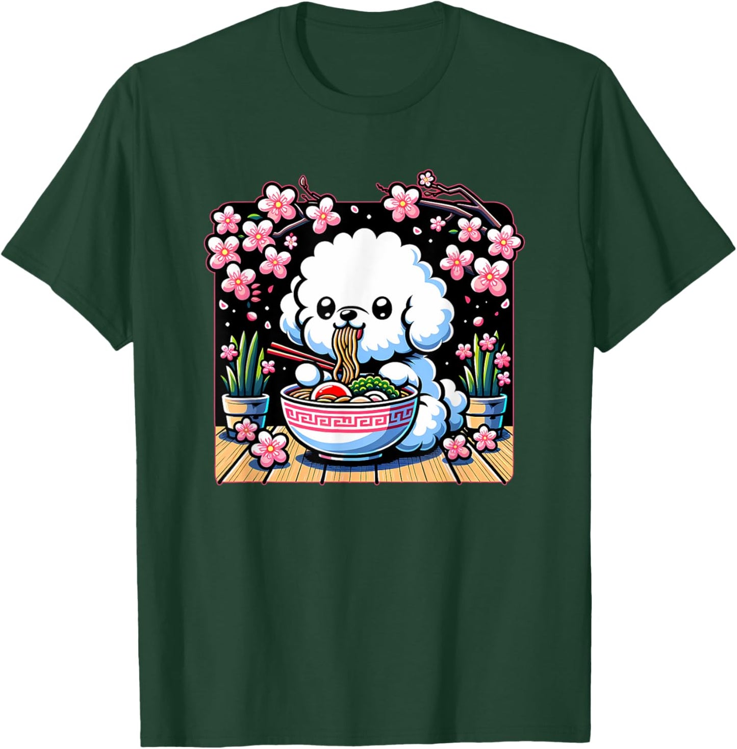 Kawaii Bichon Frise Dog Eating Ramen T-Shirt - T-Shirt | Forest