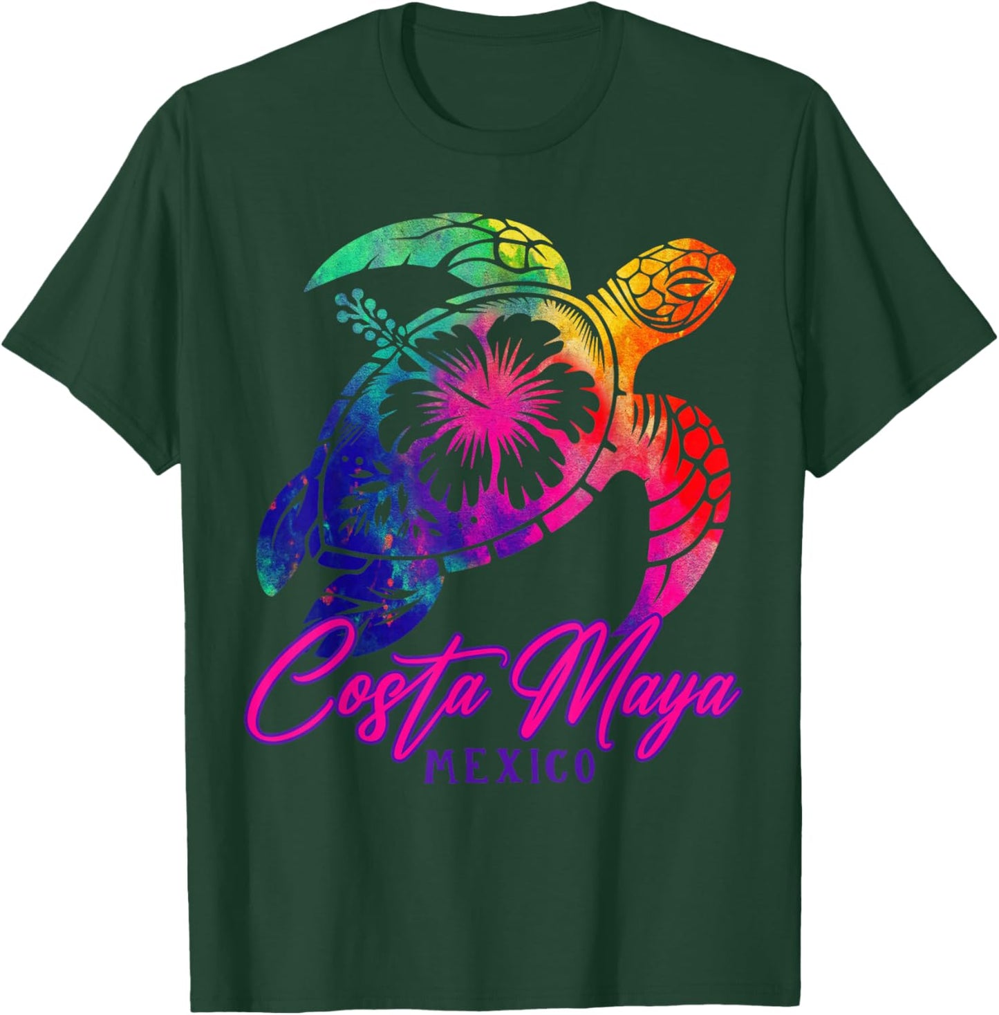 Costa Maya Mexico Tie Dye Sea Turtle Hibiscus Beach Vacation T-Shirt - T-Shirt | Forest