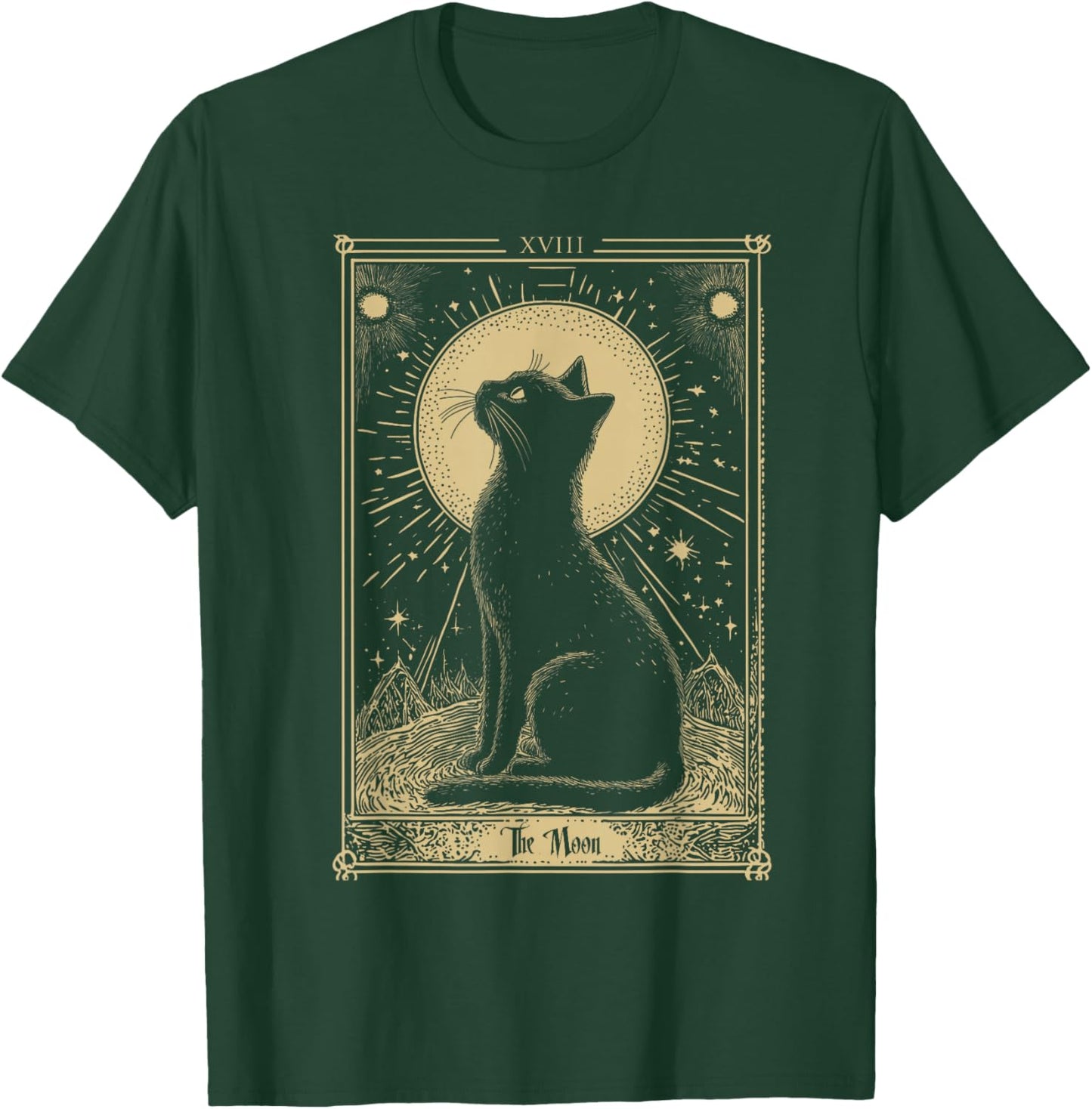 Gothic Tarot Card The Moon Cat Crescent Mystical Art , Black, S T-Shirt - T-Shirt | Forest