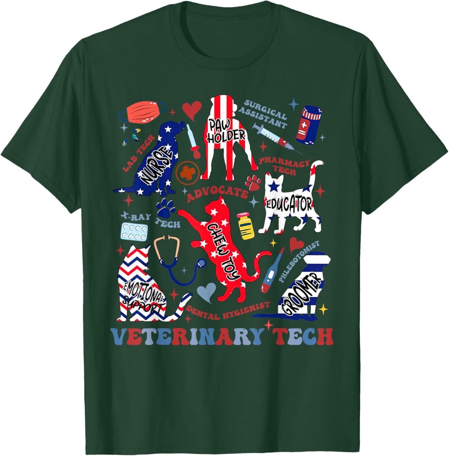 Vet Tech July 4th Veterinary Medicine Tech American Flag Vet T-Shirt - T-Shirt | Forest