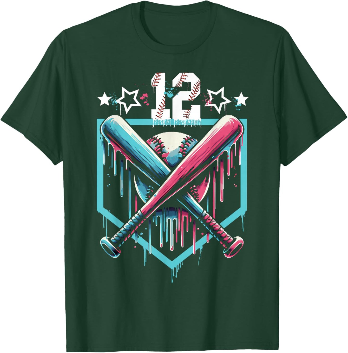 Baseball Drip 12th Birthday Boys Number 12 Youth 12 Year Old T-Shirt - T-Shirt | Forest