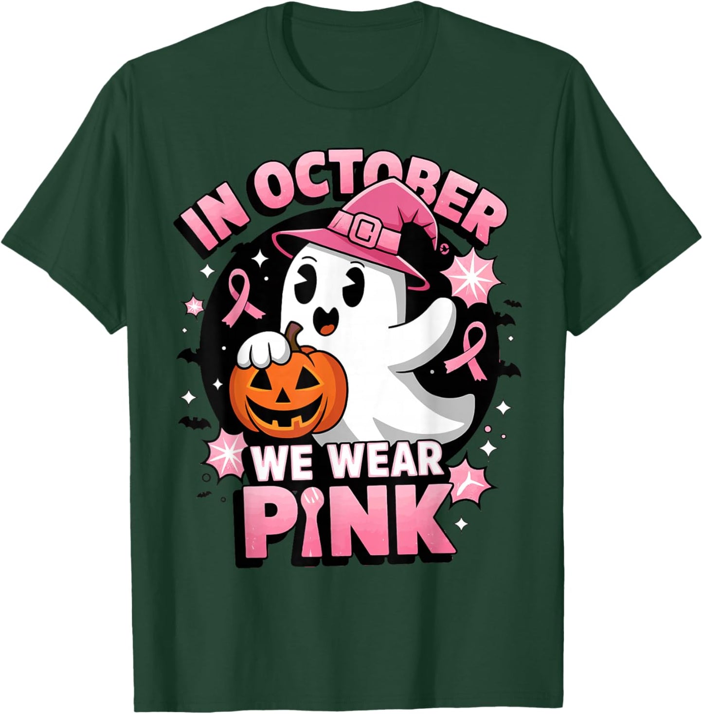 Ghost Witch in October We Wear Pink Breast Cancer Awareness T-Shirt - T-Shirt | Forest
