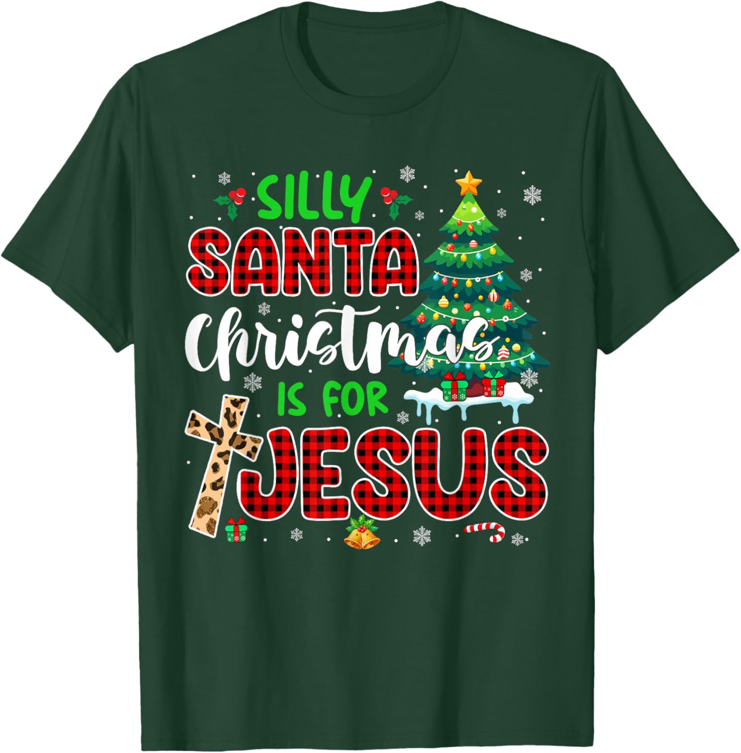 Silly Santa Christmas Is For Jesus Leopard Christian Cross T-Shirt - T-Shirt | Forest