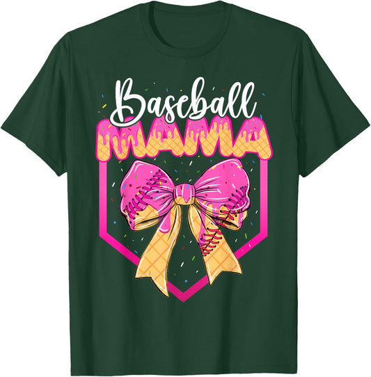 Baseball Mama Drip Ice Cream Drip Sprinkle Mom Bow T-Shirt - T-Shirt | Forest