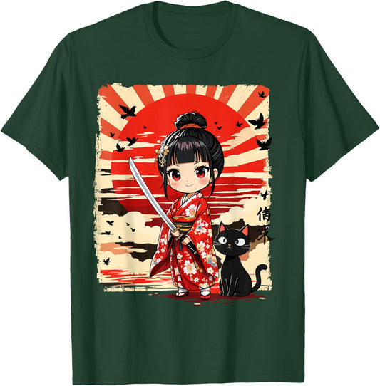 Cute Kawaii Samurai Girl and Cat Japanese Anime Kids Girls T-Shirt - T-Shirt | Forest