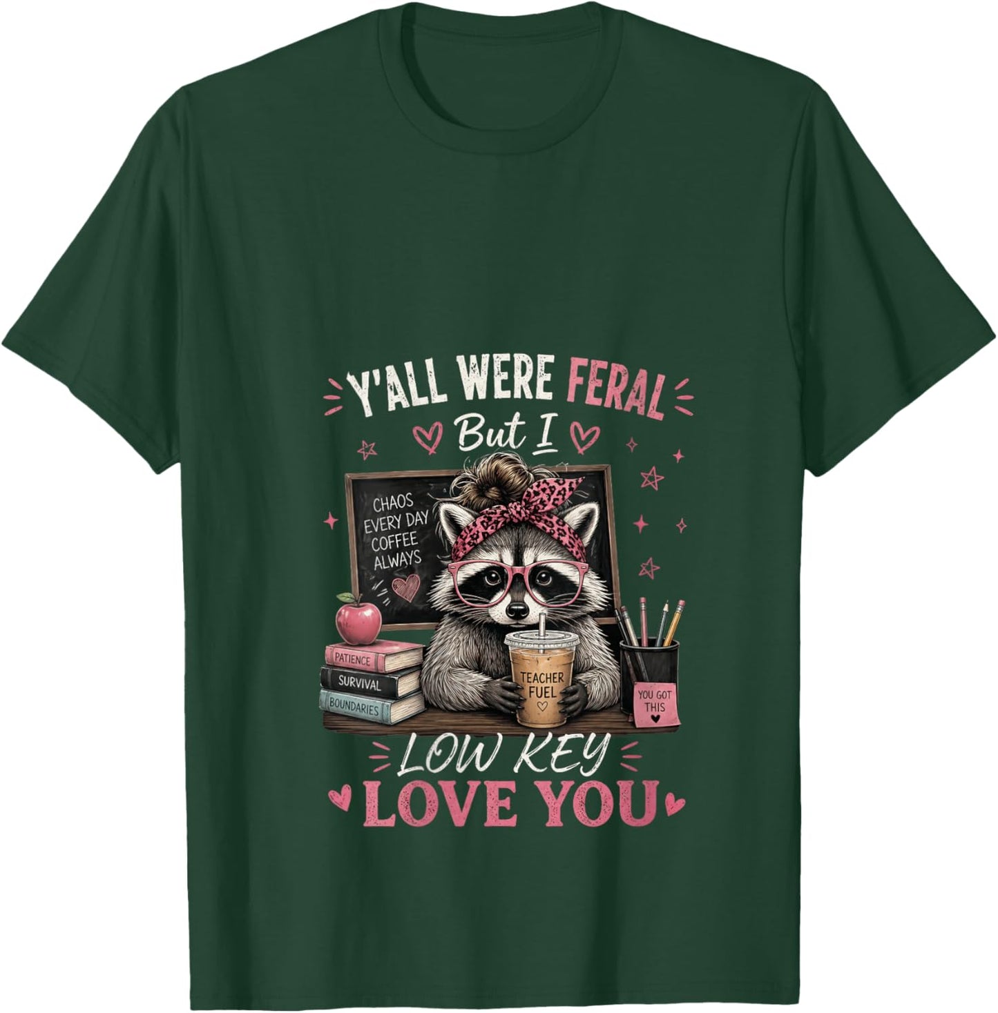 Women's Y'all were Feral But I Low Key Love You Raccoon Iced Coffee V-Neck T-Shirt - T-Shirt | Forest