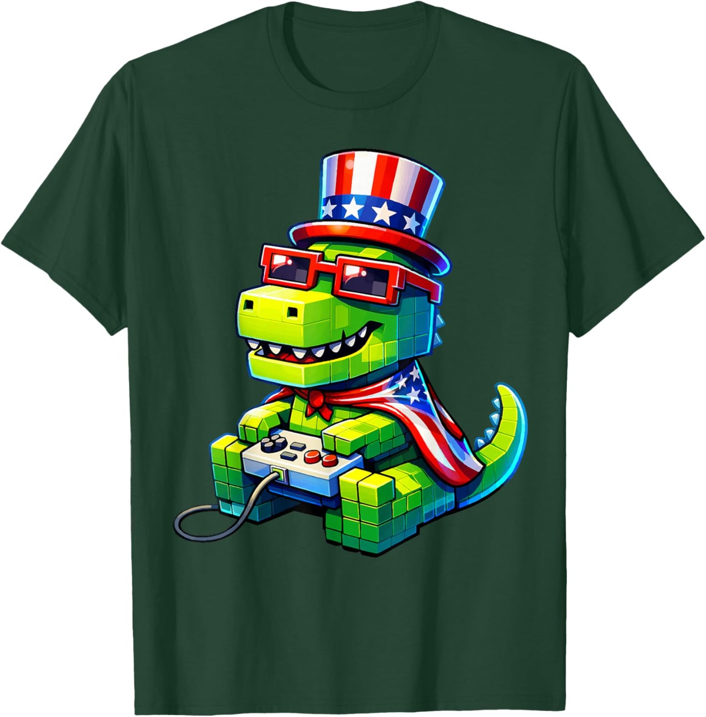 4th of July Gamer Patriotic T Rex Dinosaur Pixel Video Game T-Shirt - T-Shirt | Forest