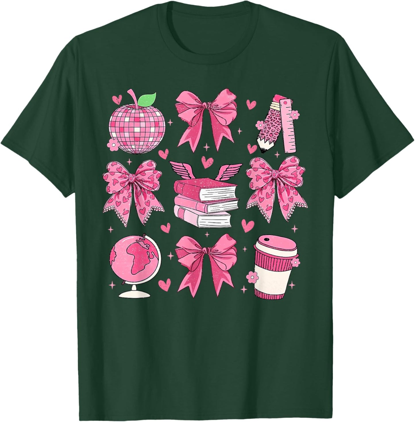 Coquette Pink Bow Apple Teacher Appreciation Valentine Day T-Shirt - T-Shirt | Forest