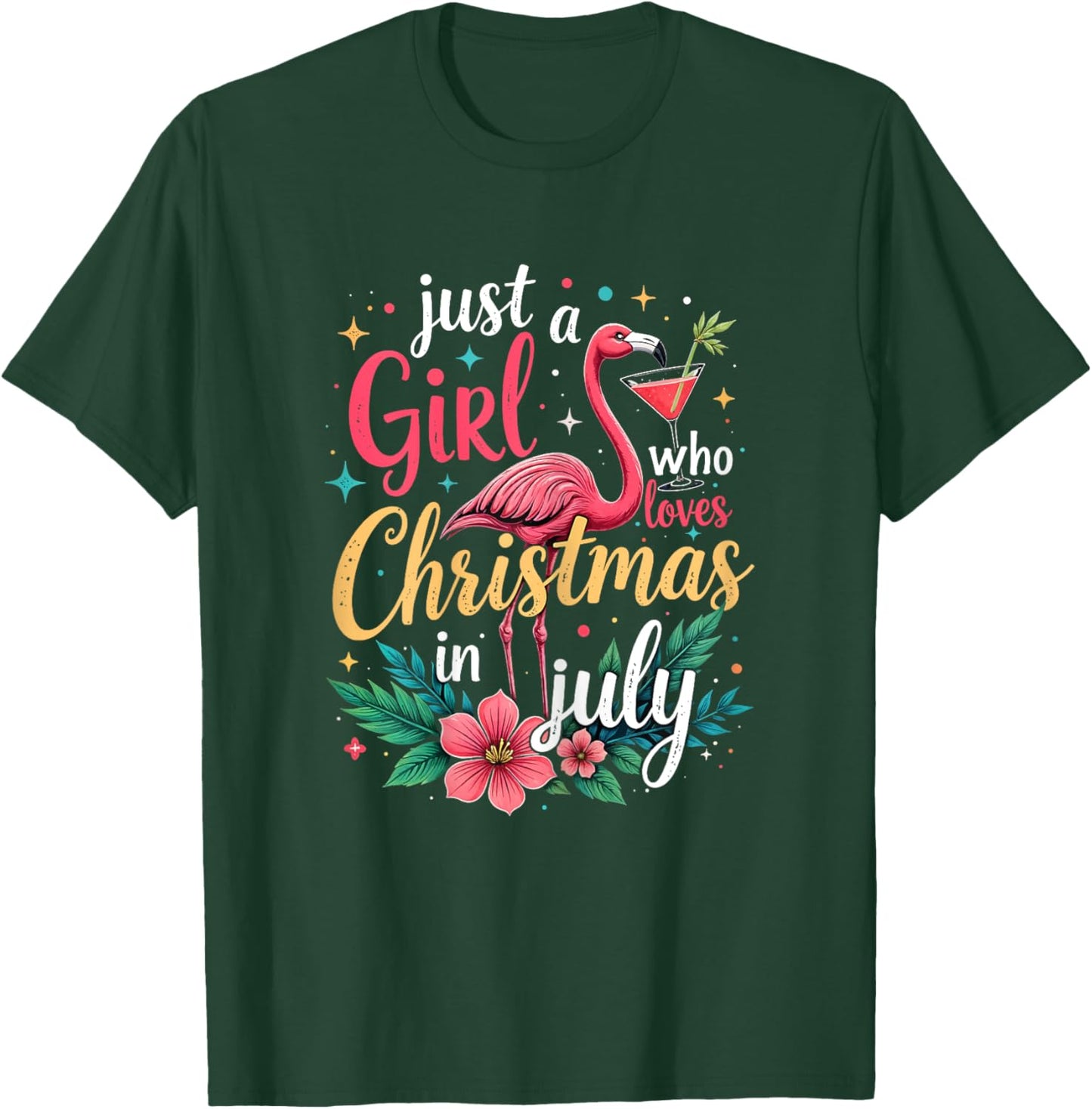 Just A Girl Who Loves Christmas In July Pink Flamingo Summer T-Shirt - T-Shirt | Forest