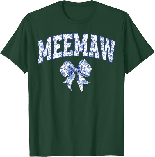 Meemaw Coquette Toile Blue Bow Floral Family Matching T-Shirt - T-Shirt | Forest