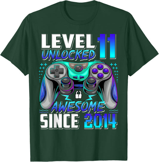 Level 11 Unlocked Awesome Since 2014 11th Birthday Gaming T-Shirt - T-Shirt | Forest