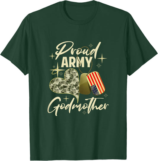 Proud Army Godmother Camouflage Mother's Day Dog Tag US Flag T-Shirt - T-Shirt | Forest