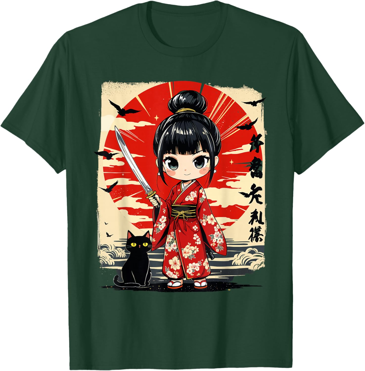 Cute Kawaii Samurai Girl and Cat Japanese Anime Kids Girls T-Shirt - T-Shirt | Forest