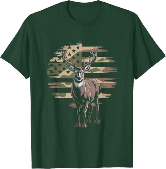 Deer Hunting Camo American Flag - Buck USA T-Shirt - T-Shirt | Forest