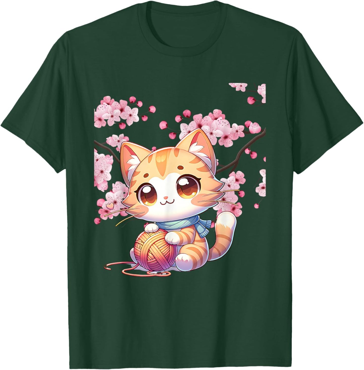 Kawai Cat with Thread and Cherry Blossom Sakura Art T-Shirt - T-Shirt | Forest