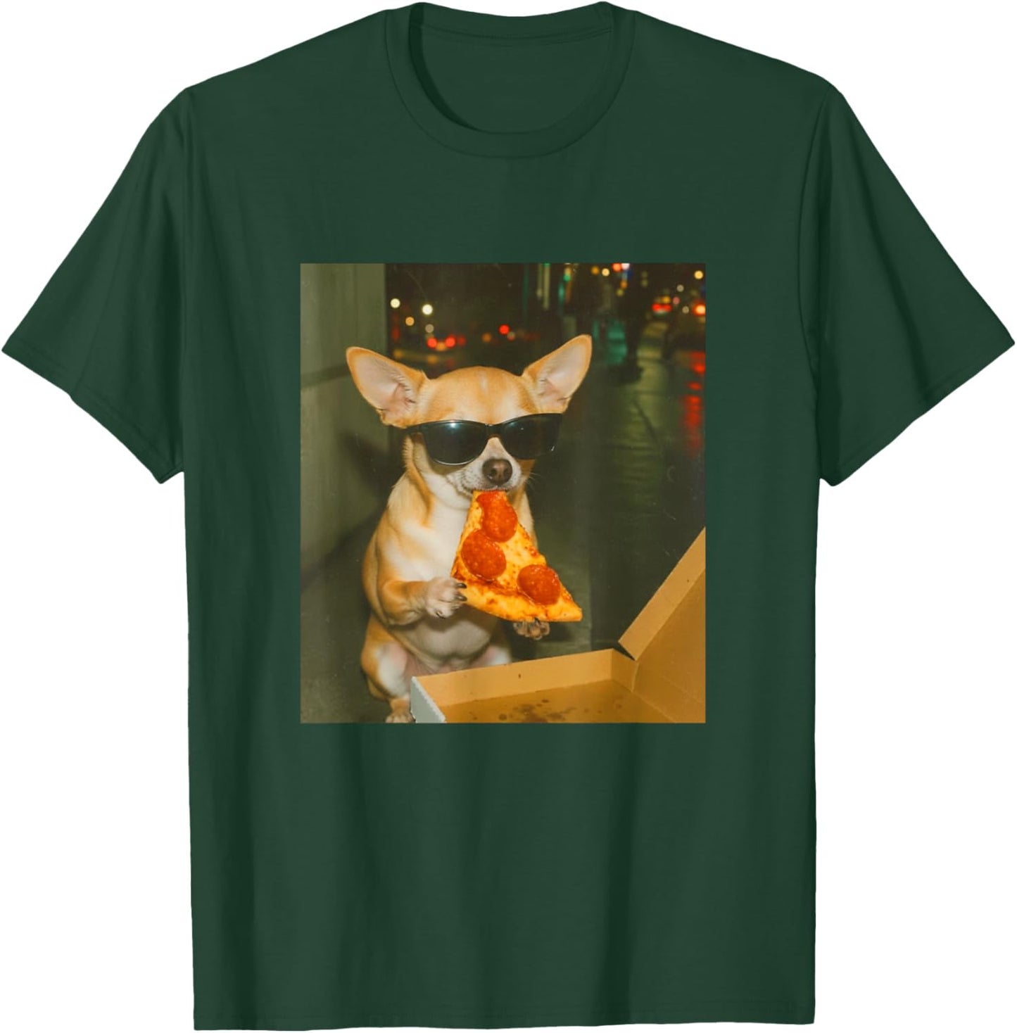 Funny Chihuahua Dog Eating Pizza Meme Retro T-Shirt - T-Shirt | Forest