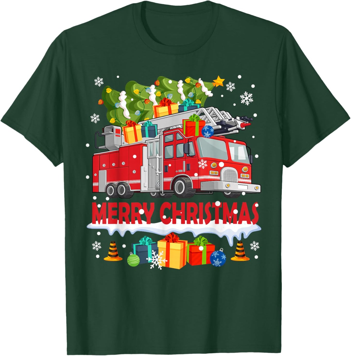 Funny Fire Truck & Christmas Tree Firefighter Xmas Pajamas T-Shirt - T-Shirt | Forest
