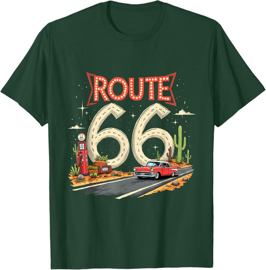 Classic Retro Route 66 Desert Scene with Red Vintage Car T-Shirt - T-Shirt | Forest