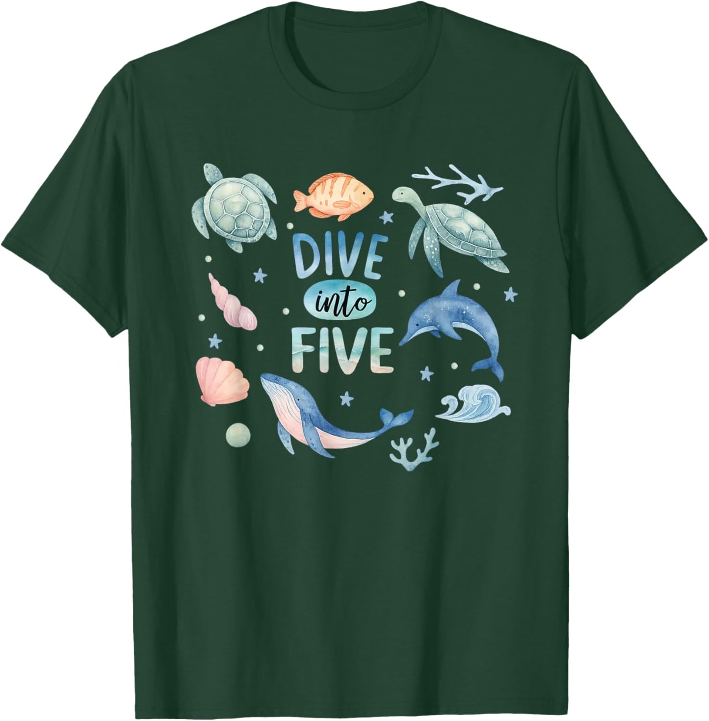Dive Into Five 5th Birthday Boy Girl 5 Year Ocean Animals T-Shirt - T-Shirt | Forest