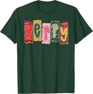 Merry Christmas Patchwork Merry Xmas Girl Women Floral Bows T-Shirt - T-Shirt | Forest
