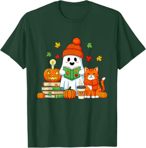 Cute Ghost Reading Book Lovers Autumn Fall Halloween Ghost T-Shirt - T-Shirt | Forest