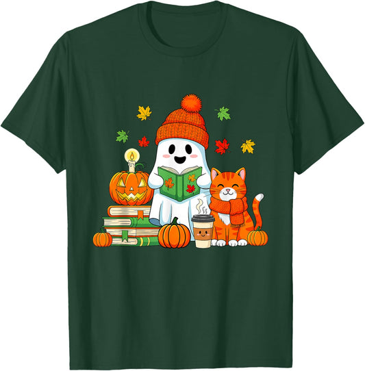 Cute Ghost Reading Book Lovers Autumn Fall Halloween Ghost T-Shirt - T-Shirt | Forest