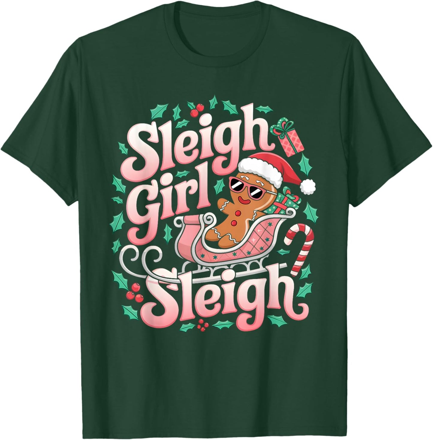 Groovy Pink Christmas Sleigh Girl Sleigh Gingerbread Holiday T-Shirt - T-Shirt | Forest