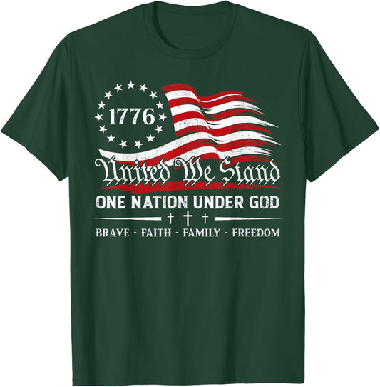 One Nation Under God US Flag Patriotic Christian 4th of July T-Shirt - T-Shirt | Forest