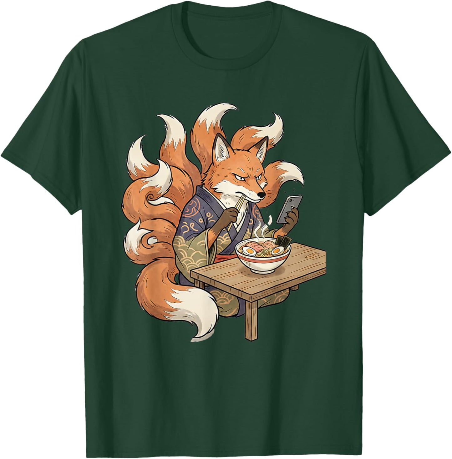 Nine Tailed Fox Kitsune Eating Ramen Bowl Anime Phone Scroll T-Shirt - T-Shirt | Forest