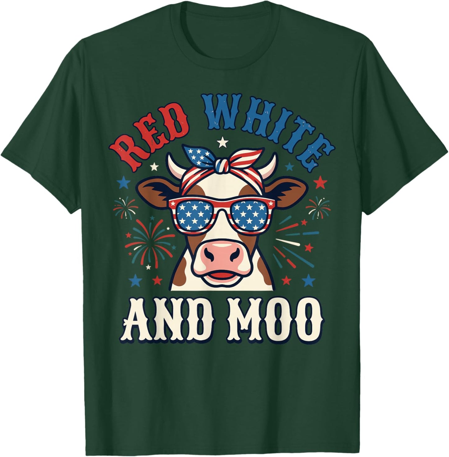 Red White and Moo Patriotic USA Flag Cow 4th of July T-Shirt - T-Shirt | Forest